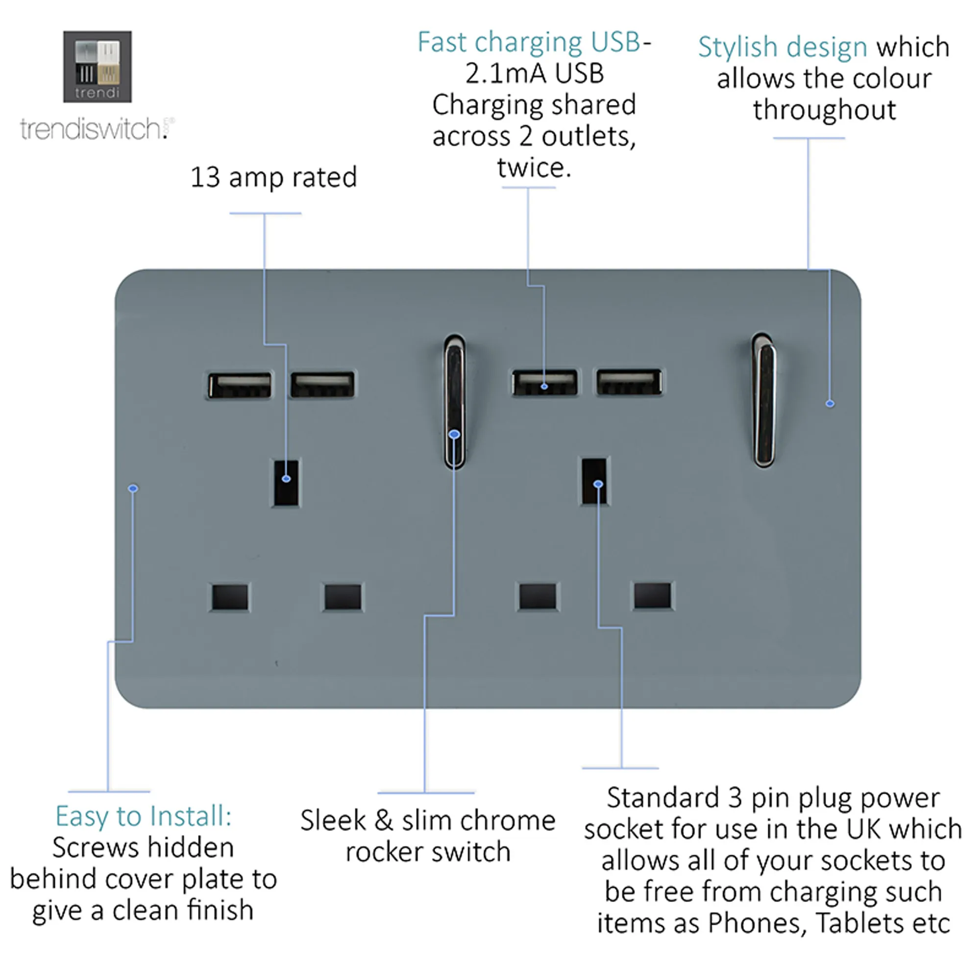 2 Gang 13Amp Switched Double Socket With 4X 2.1Mah USB Cool Grey ART-SKT213USBCG  Trendi Cool Grey